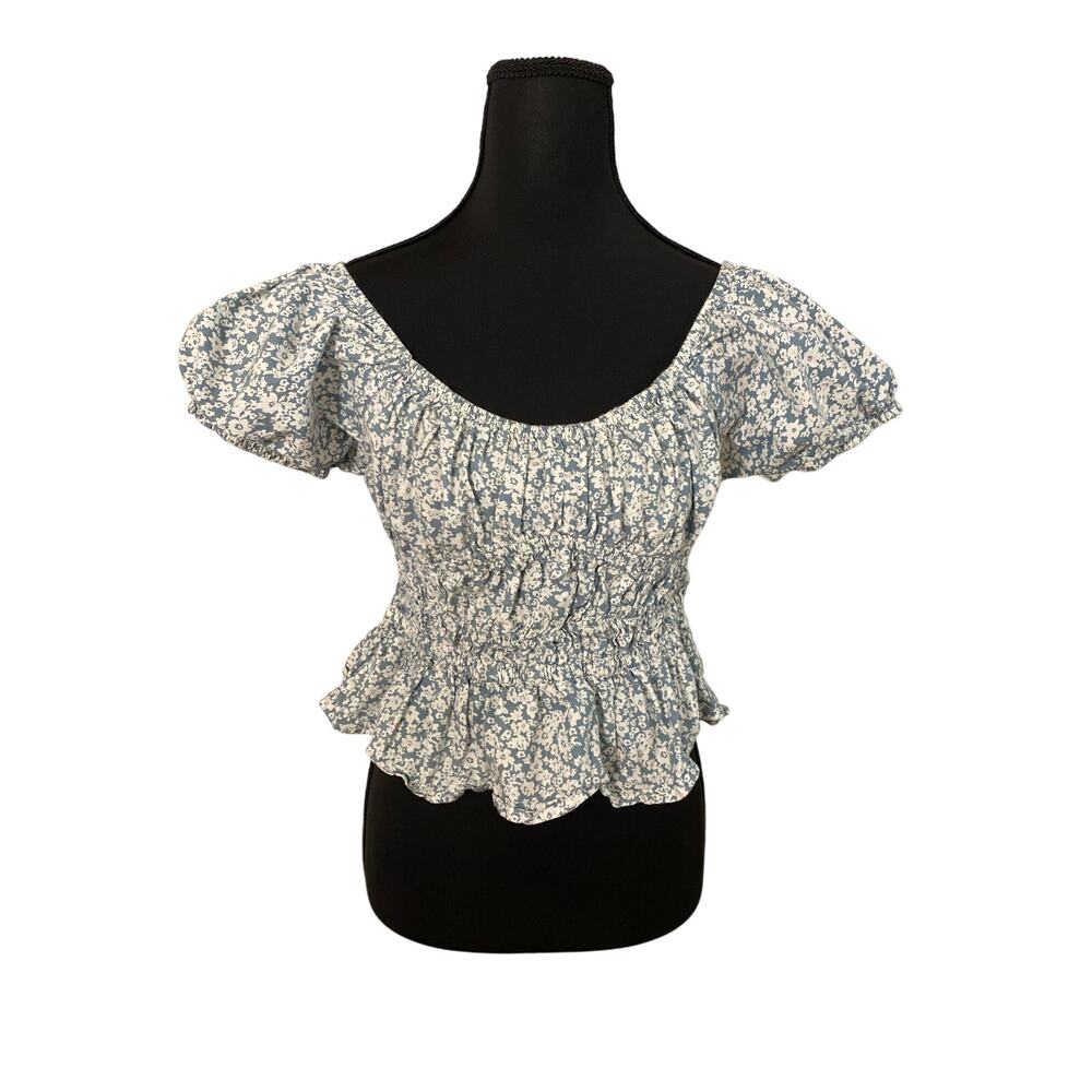 Sim & Sam Cottagecore Cinched Waist Puff Sleeve Milkmaid Top Blue Floral‎ XL